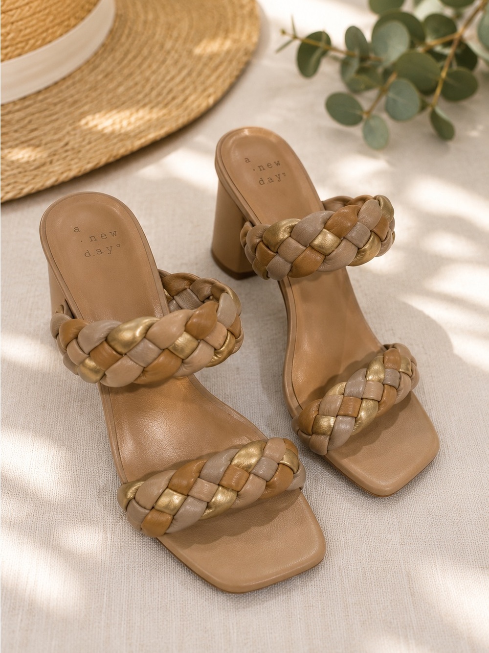 a new day Braided Two-Strap Block Heel Sandals in Tan and Gold